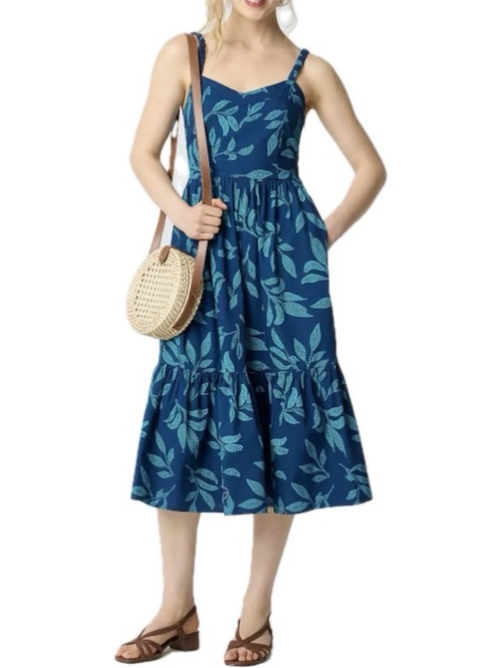 J. Crew Poplin Corset Midi Dress Blue Floral Smocked Back Tiered Cottagecore